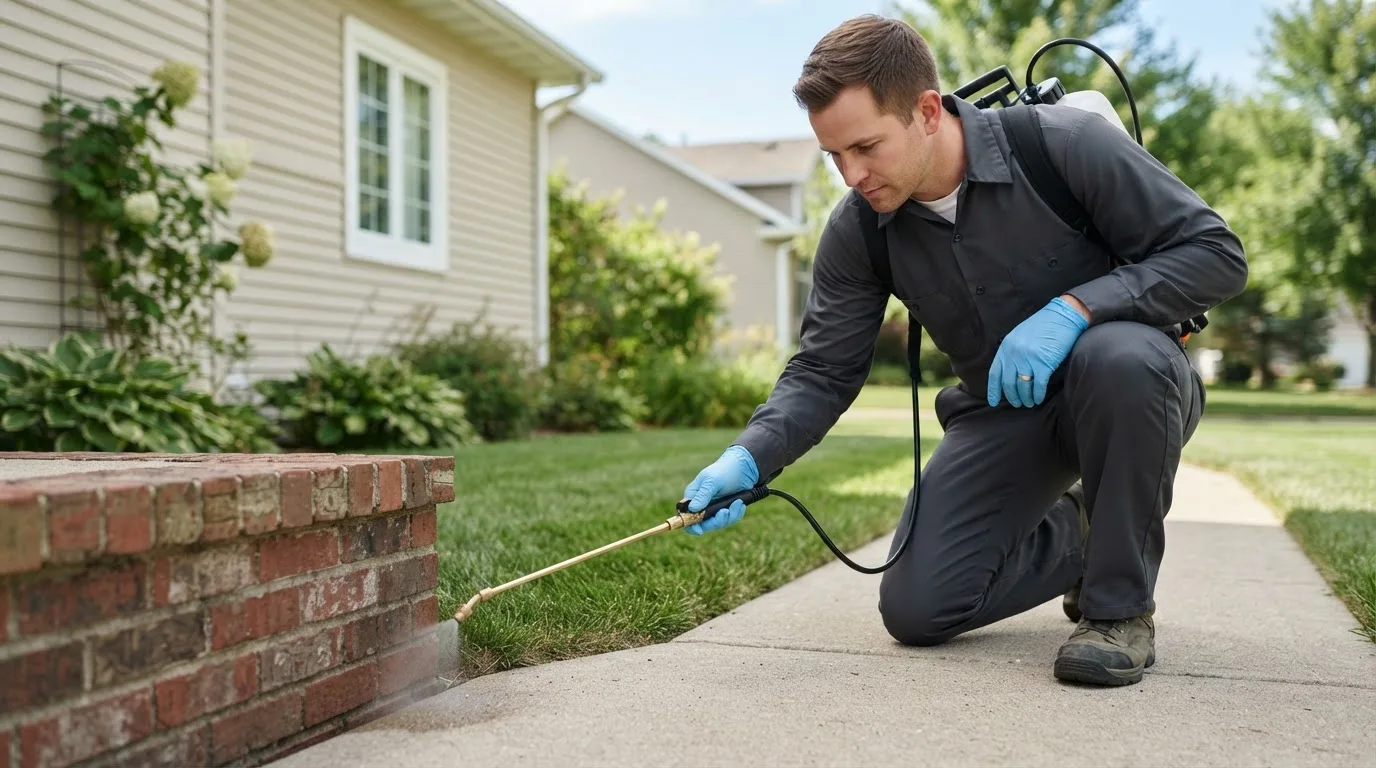 Pest control technician treating a home near Waukee, IA