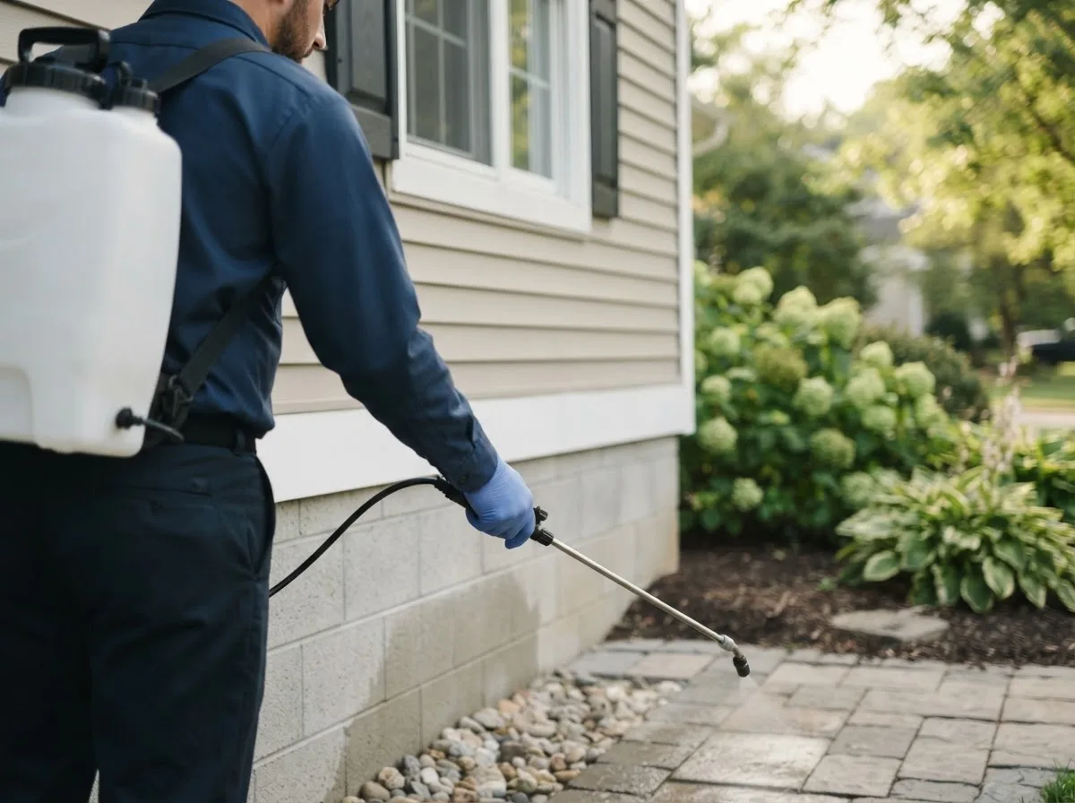 Pest control technician inspecting a home in Waukee, IA